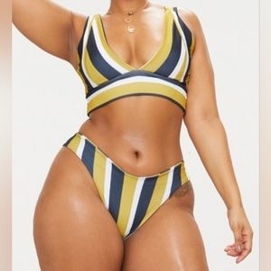 PrettyLittleThing Plus Mustard Striped High Rise Bikini Set